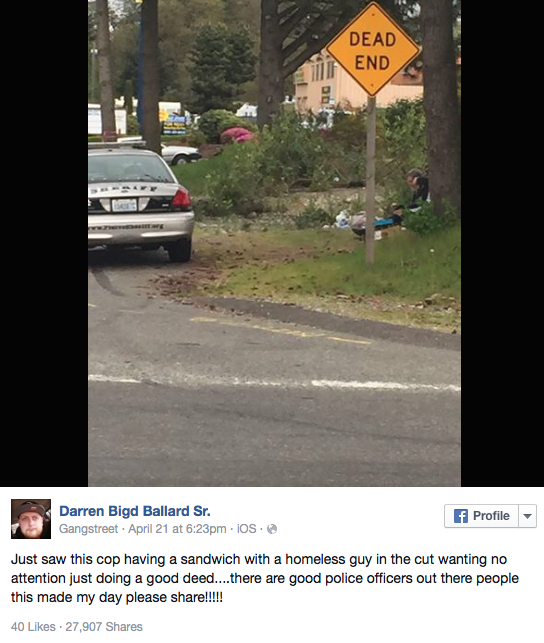 Finally some good news about police. A photo uploaded to Facebook on Tuesday has gone viral for all the right reasons. The image shows Mike Huffman, a Washington State sheriff’s deputy, pulled over on the side of the road sharing a sandwich with a...