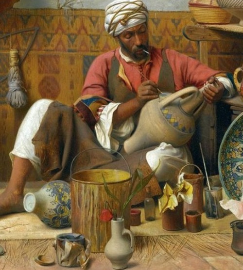 mrdirtybear:‘The Pottery Shop, Tangiers’ as painted by French painter Jean Discart (1856-1944).