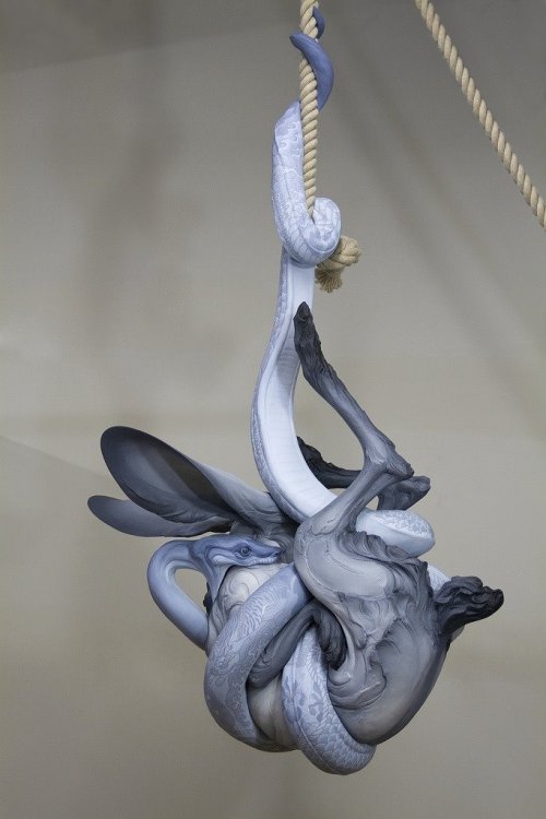 rfmmsd: Artist & Ceramicist: Beth Cavener Stichter  Painted Tattoo Design: Alessandro Gallo “Tangled Up in You” Stoneware, Ink, Paint, Rope. Total Installation height: 15 Feet from the Top Rope Knot to the Floor Total Height of the Intertwined