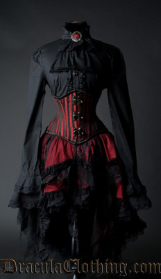 draculaclothing:  A beautiful outfit:Skirt: http://draculaclothing.com/index.php/red-ruffle-skirt-p-1050.htmlCorset: www.draculacorsets.comBlouse: http://draculaclothing.com/index.php/black-cravat-blouse-p-592.htmlI