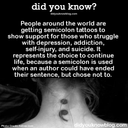 did-you-kno:  Amy Bleuel started Project Semicolon after her father committed suicide to raise awareness and offer hope to others during their darkest times.Source