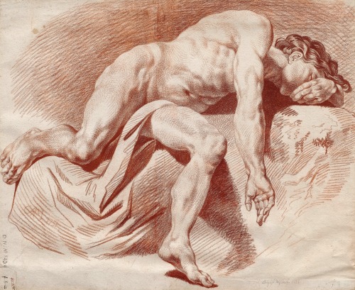 hadrian6:  Male Nude in a semi-recumbent Pose.1751. Franz August Myldorfer Austrian active ca. 1750s. red chalk on paper.    http://hadrian6.tumblr.com