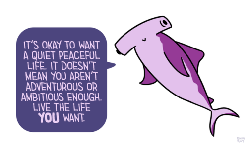 sorshania:positivedoodles:[Drawing of a purple hammerhead shark saying “It’s okay to want a quiet pe