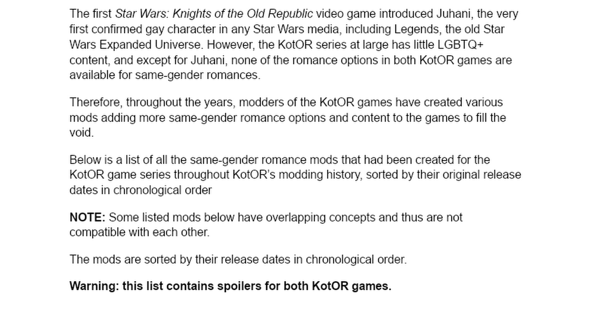Same-Gender Romance Mods for KotOR Series