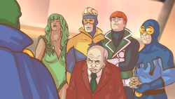 theunbrilliant:  It’s always sunny in the JLII saw this screencap somewhere on tumblr and really thought it’d look good as a JLI scene so bookmarked it and drew it today. The heights even matched up. Hope you like!