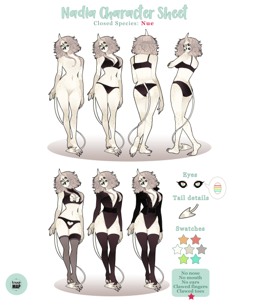 kennymap:Character sheet for @multiplewounds of her nue OC Nadia. Nues are a closed species by @mu