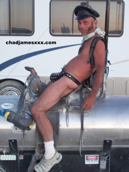Chad Shows off his Big Leather Spiked Cod Piece, photographed at Burning Man on 01 September 2006.
