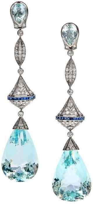 Aqua diamond and sapphire platinum drop earrings • Delortae Agency™ I ...