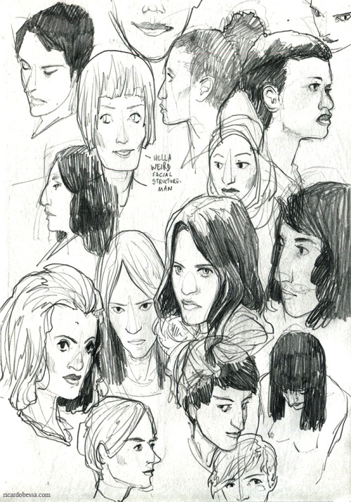 ricardobessa:  I’m done with my current sketchbook  and I filled quite a few pages with faces. Decided to collect some of my favourite spreads here, in no particular order. I’ve posted most of them already - first one is new, though. Seeing all