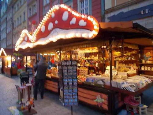 Some merchandise offered during Christmas market 2021 in the city Wroclaw, Poland.