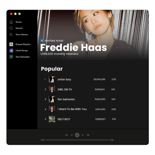freddie’s artist profile on spotify vs their (not so private) personal account (circa 2022)