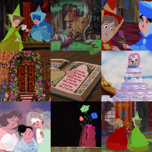 A 3-by-3 moodboard of Flora, Fauna, and Merryweather, created using composited screencaps. The first image is Fauna and Merryweather sitting. Merryweather is holding a teacup out and Fauna is pouring tea into the cup. The second image is the cabin in the forest the Flora, Fauna, and Merryweather raised Aurora in. The third image is Merryweather giving Flora a rose. The fourth image is a flower arch, in front of a church. The fifth image is Flora, pointing at a book which reads 'I love her and I love her and I love her, and I love her.' The sixth image is a wedding cake with three wedding toppers, shaped like Flora, Fauna, and Merryweather. The seventh image is Flora, Fauna, and Merryweather in wedding dresses. The eighth image is a vase with three roses, a red rose, a blue rose, and a green rose. The ninth iamge is Flora and Fauna, standing together. End ID]