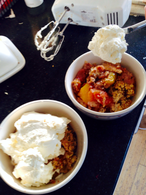 Plum, peach and ginger with oatey vanilla crumble…. ….vanilla mascapone cream.