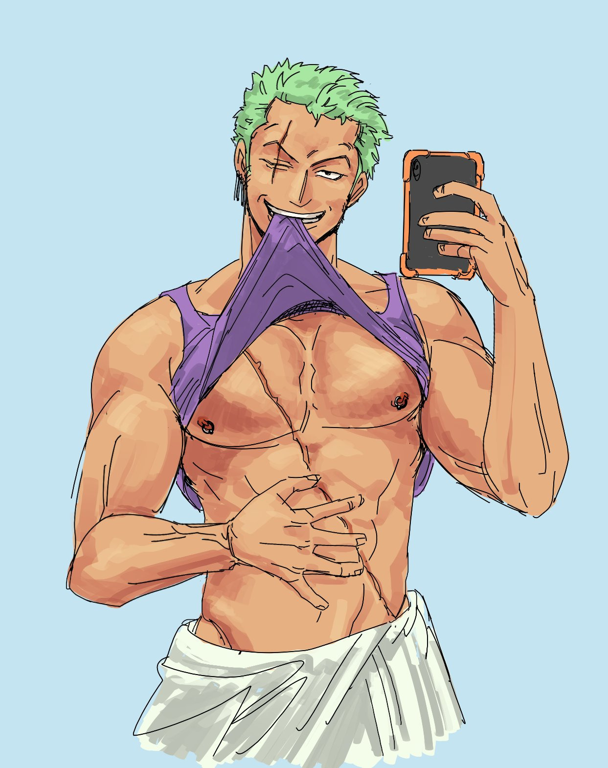 Thirst trap fanart of Zoro from One Piece in a modern setting taking a gym selfie. His scars and earrings are reversed as though shown through a mirror. He grins, using his teeth to lift up the hem of his shirt so who off his abs and pecs, including two pierced nipples.