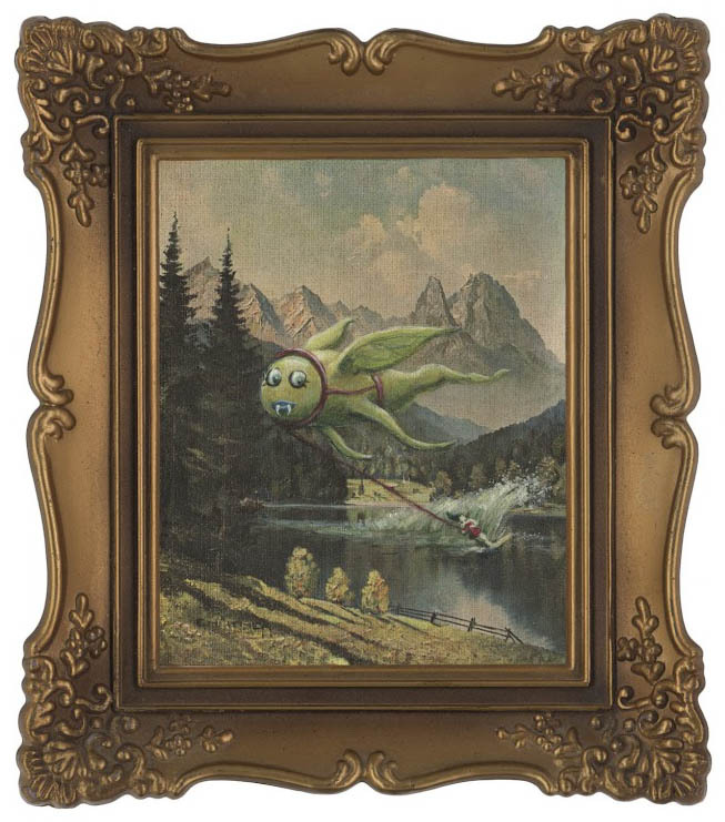 tastefullyoffensive:
“Artist Chris McMahon buys other people’s landscape paintings at thrift stores and puts monsters in them.
Previously: Artist Repaints His Own Childhood Drawings
”