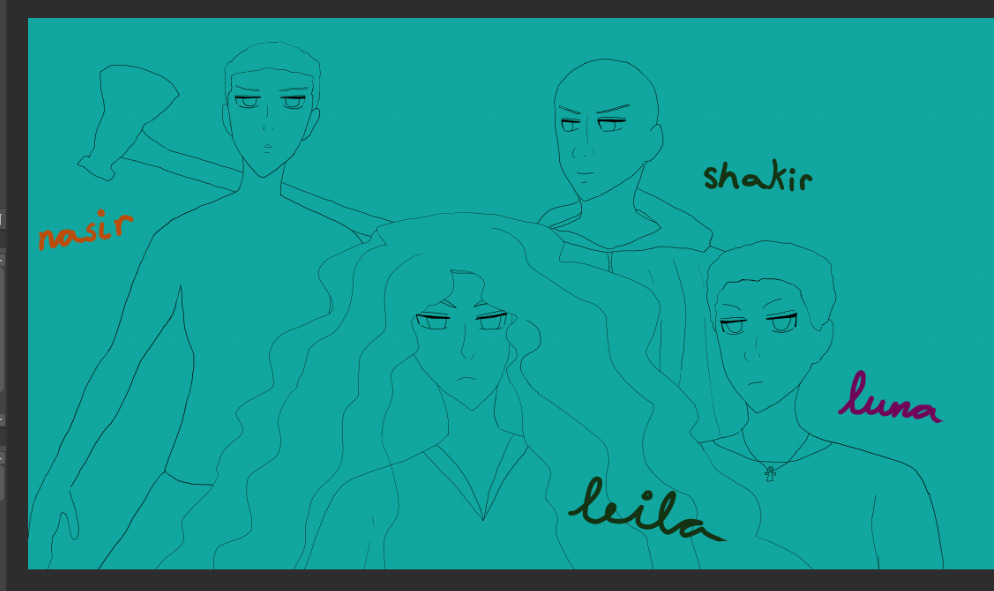 left forefront of the canvas has sketch of leila hadid-salah with wavy hair that falls everywhere, an intense frown and serious gaze. she wears a v-neck.

upper left part of the canvas has sketch of nasir hadid-salah, who is staring upward while wearing a schenti. he has furrowed brows and very short cropped afro. he has an axe on his shoulder, shown behind him.

upper right part of the canvas has shakir, who is smiling toward nasir, is bald and wears a cloak.

right forefront of the canvas has luna adebayo, who is staring a bit drolly at leila hadid, with short cropped afro hair and wears an ankh.

they're all black characters and part of a futuristic fantasy egyptian environment.

the canvas of clip studio is showing.