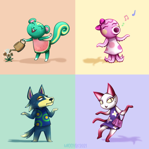 I drew my favourite Animal Crossing villagers! Nibbles, Marina, Wolfgang and Olivia. These are all c