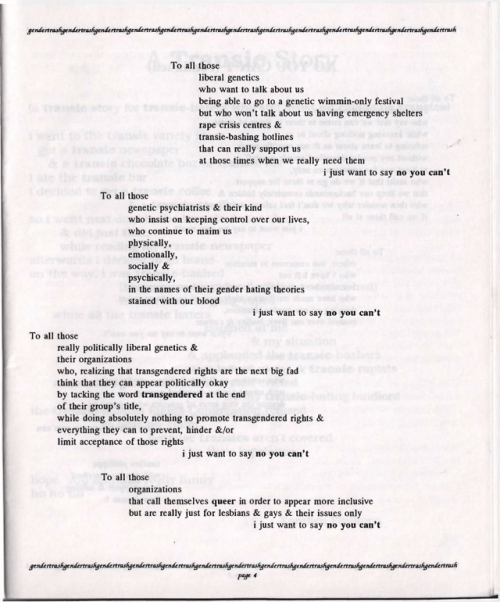 genderqueerpositivity:From the 1993 zine “Gendertrash From Hell #2”, here is a poem called “No You C