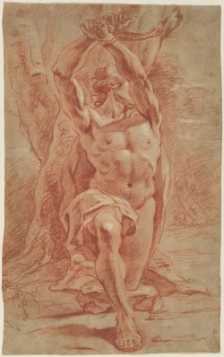ars-videndi:                  French 17th century, Male Nude Kneeling and Bound to a Tree, c. 1690, red chalk heightened with white chalk on gray-brown laid paper, 49 x 30.5 cm, National Gallery of Art, Washington, Woodner Collection    