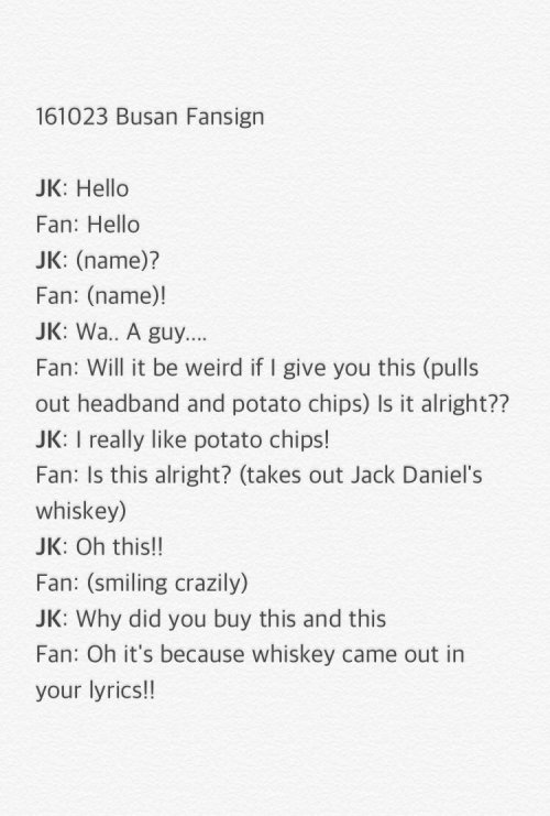 jimiyoong:[ 161023 Busan fansign ] Jungkook received a whiskey from a fan[cr.Peachsung ; trans. jeon