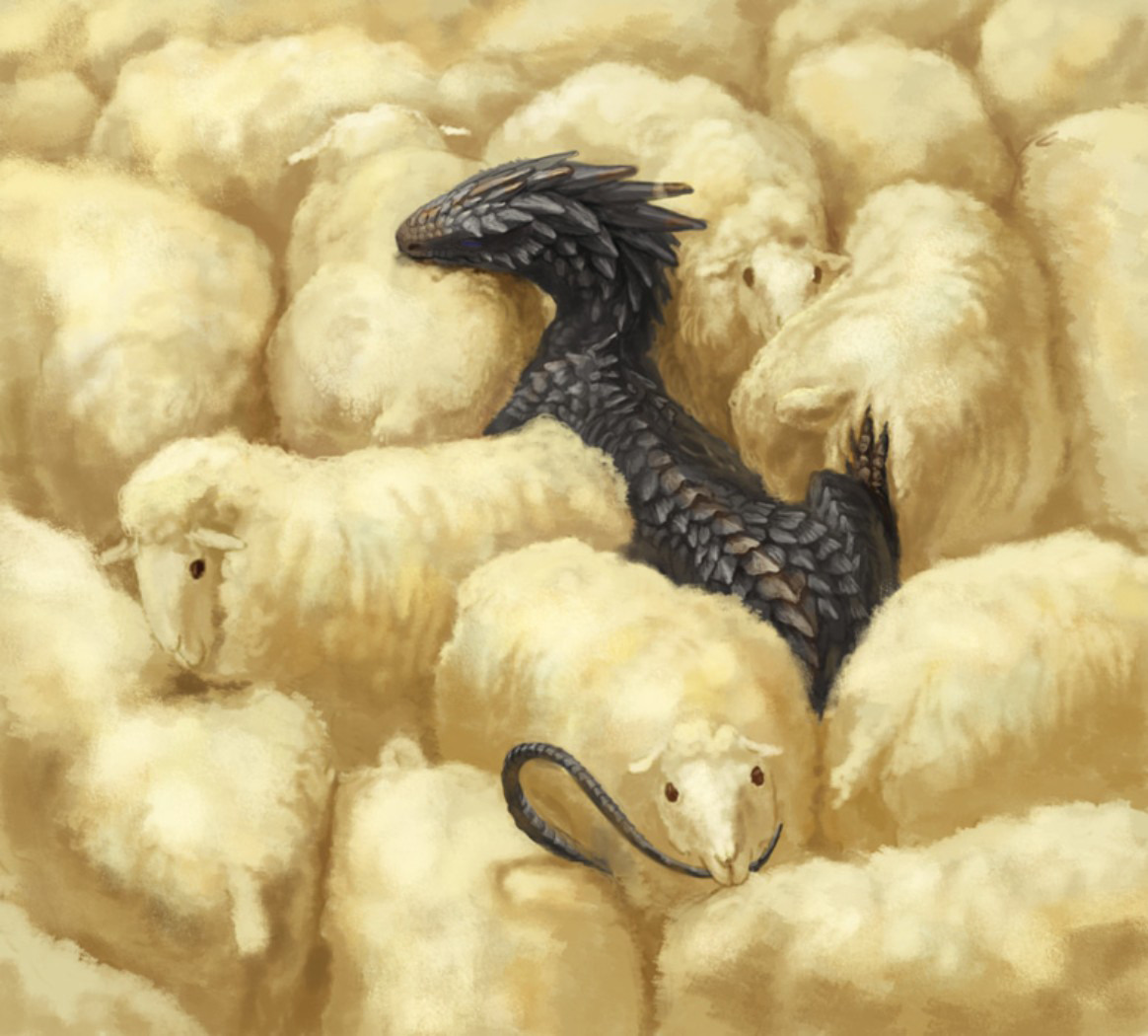 copperbadge:
“hazelandglasz:
“completelysane:
“#is this a sheep herding dragon
”
No a sheep hoarding dragon
”
That sheep’s not doing a very good job of hoarding, it’s just got the one.
[Description: An illustration of a flock of pale colored sheep;...