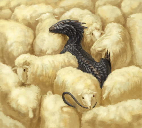 transcribed-described:hazelandglasz:completelysane:#is this a sheep herding dragonNo a sheep hoardin