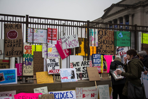 January 2017 | Women’s March in Philadelphia, PA.signs displayed on the overpass off the parkway