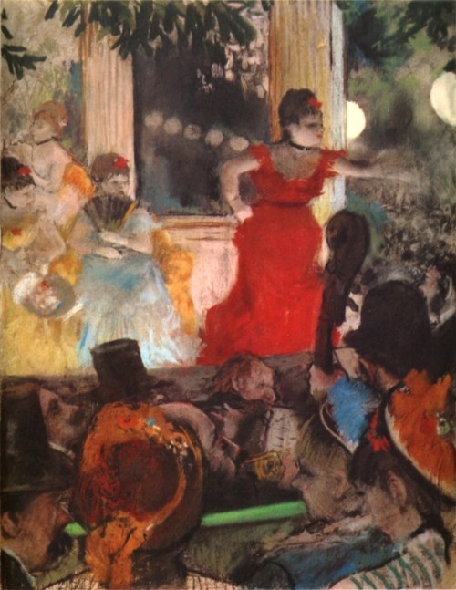 “Café-Concert at Les Ambassadeurs,” 1876–77 by Edgar Degasi have a red dres