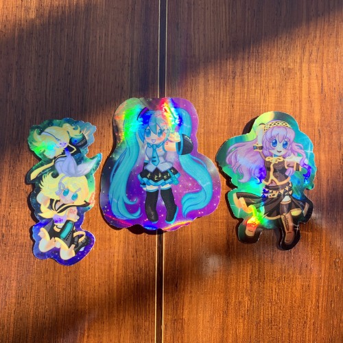  Finally here and ready to rock!  Vocaloid stickers in Holo and Regular! Waterproof even! Miku: 3x 3