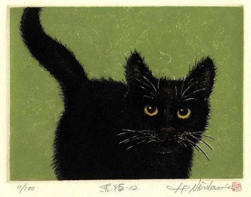 huariqueje:Black Cat   -    Hiroto Norikane Japanese, b, 1949-Colour print