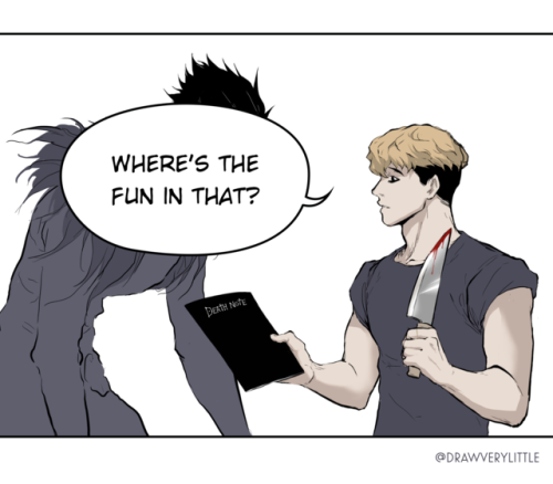 drawverylittle:A Death Note spin on Killing.