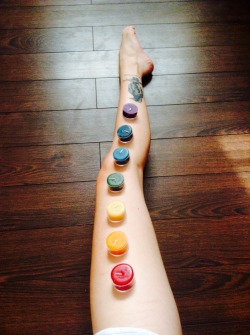 hipswig:  Before I mediated today I unwrapped my newest chakra candles, I was lining them up on my leg before I lit them around me and I thought it looked pretty cool so I took a picture ahaha 