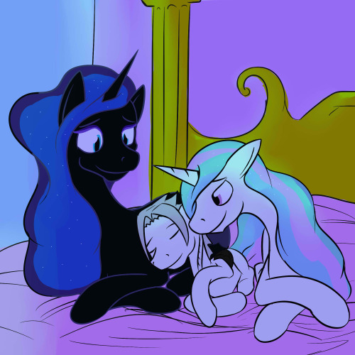 Aero Ruinwing snuggling with Celestia and Nightmare Moon.