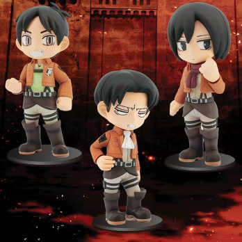 Painted versions of Furyu’s Spoof on Titan Eren, Mikasa, & Levi figures (Previously seen here), originally designed by honouri, have been released!Release Date: August 4th, 2015