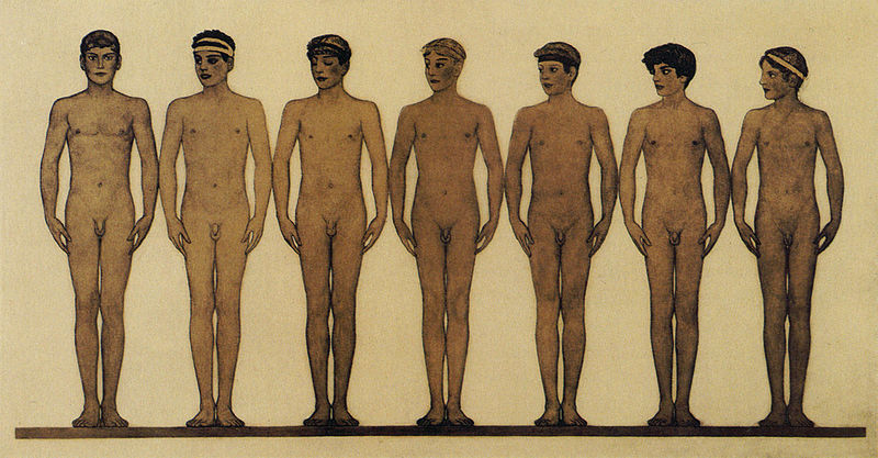 nude-body:  Sascha Schneider, “Gymnasion,” ca. 1912 - colored art print (Breitkopf