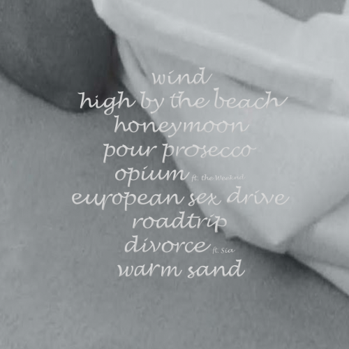 officialalbumleaks:  Lana Del Rey leaks third studio album Wind cover art & tracklist!WindHigh By the BeachHoneymoonPour ProseccoOpium ft. The WeekndEuropean Sex DriveRoadtripDivorce ft. SiaWarm Sand