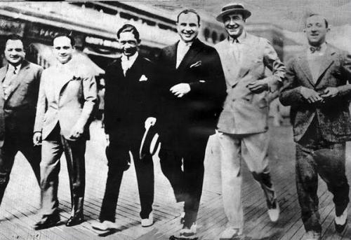 Meyer Lansky, Al Capone, Nucky Johnson and friends stroll the Atlantic City Boardwalk - April, 1929.