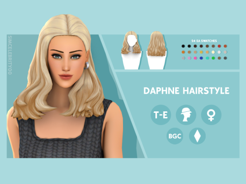 Daphne HairstyleMaxis Match HairstyleAvailable for Teens-Elders24 EA swatchesHat compatibleBGCDownlo