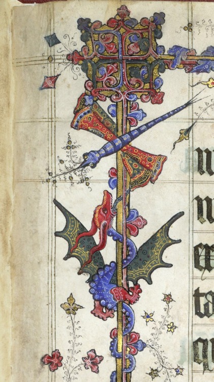 questingbeast-chimaeradreams: Detail of a marginal dragonfly and dragon, from the Lovell Lectionary,