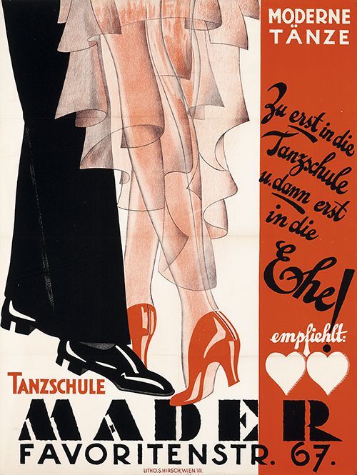 Poster Tanzschule Mader - Vienna - modern dances, 1932. “First to the dance school and then into mar