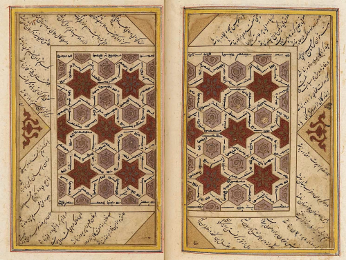 aegean-okra: shekasteh: Facing pages with the Uighur text in the central panels and the Persian poem