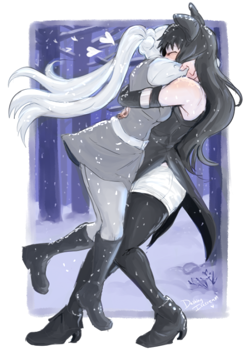 monochrome/checkmating reunion for valentine’s day!  ^ < ^ ♥the situation here is them finding each other in an Atlas forest somewhere, it is a tearful reunion (also weiss in atlas uniform because maybe dad forced her into the school?)i hope this