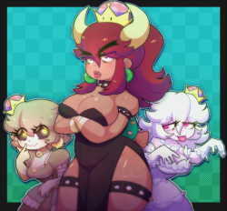 doshmobile:  i’m late but here’s bowsette and queen boo with a bonus dry bonesette