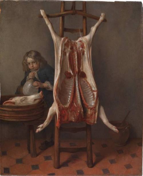 themacabrenbold:Caspar Netscher (1639 – 1684)  Slaughtered #Pig, oil on panel 1660-62.