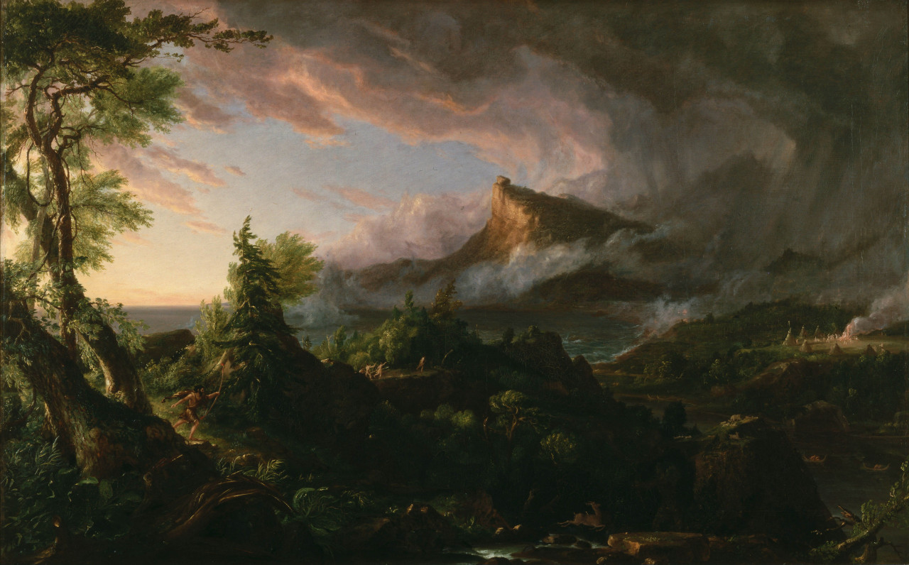Thomas Cole - “El curso del imperio. El estado salvaje” (h. 1834, óleo sobre lienzo, 99 x 160 cm, New-York Historical Society, Nueva York)
