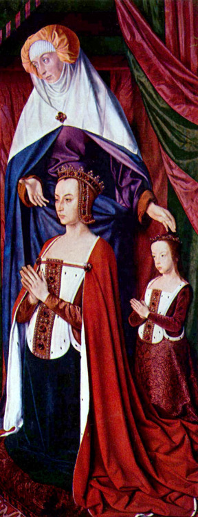 Madonna and Child adored by angels, flanked by portraits of the Duke of Bourbon Pierre II and his wi