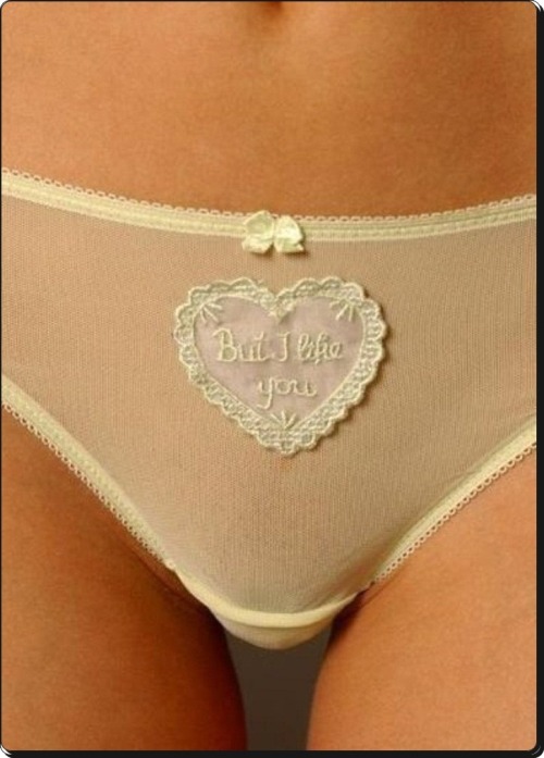 talkingpanties:  richie55:  i like you too  The arrow on those sexy panties is pointing at something I like a lot.