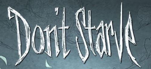 The words ''Don't Starve'' written in a spooky font that looks like it has been written with scratches. The font is white and the background of the image is a dull light blue with a sketched cloud pattern.