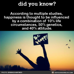 did-you-kno:  According to multiple studies, happiness is thought to be influenced by a combination of 10% life circumstances, 50% genetics, and 40% attitude.Source  Happiness
