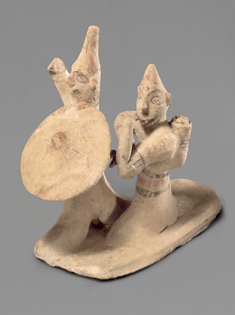 ancientpeoples:  Terracotta warriors This figure shows a scene of two warriors fighting side by side. It is 15cm high (5 15/15 inch.) Cypriot, Cyprus, Archaic Period, 6th century BC. Source: Metropolitan Museum